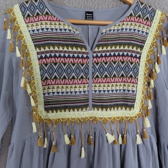 Moosta Dress Medium Boho Long Sleeve Embroidered Tassel Trim Pullover Geometric - Picture 2 of 10